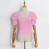 Patchwork Diamond Sweater For Female Square Collar Puff Short Sleeveless High Waist Slimming Women's Sweater