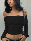 Women Off Shoulder Long Sleeve Slim Tops and Blouses Mesh Ruched Crop Tops Summer Autumn Y2K Sexy Elegant Shirts Female-Outfit