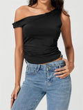 Sexy Women Tank Crop Tops Slim Fit Off Shoulder Sleeveless Solid Color Summer Party Ruched Mini Vest Streetwear 2024-Outfit