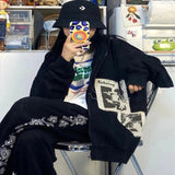 Womens Street Brown Graffiti Print Zip Vintage Tops Hoodie Sweatshirts Hoodies Kawaii Blouse Grunge Y2k Coats Autumn