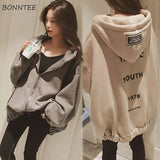Women Letter Printed Loose Hooded Thicker Warm Sweatshirts Students Plus Velvet Long Sleeve Zip-up Womens All-match