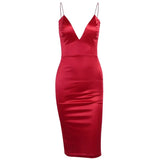 New Year Party Dress Red Satin Midi Dresses Solid 2020 Spring V-Neck Backless Dress Straps Zipper Slim Dress