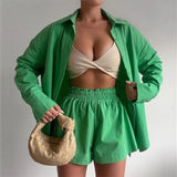 Loungewear Women Blue Suits With Shorts Casual Loose Long Sleeve Cardigan Shirt Two Piece Set Sleepwear Summer