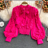 Autumn Women Ruffle Blouse Vintage Bow Collar Lantern Long Sleeve Short Tops Female Purple/Rose Red/Green/White Shirts