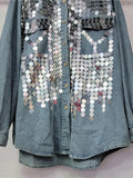 Women's Denim Shirt Loose Patchwork Full Sequins Single Breasted Blue Long Sleeve Blouse 2024 Summer New Fashion 29L6408-Outfit