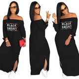 Sexy Slash Neck Ladies Solid Color Letter Printing Long Dress Home Casual Street Loose Large Size