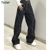 Gothic Black Wide Leg Jeans With Belt Women Dark Academic Denim Trousers Hip Hop Streetwear Grunge Fairycore Punk
