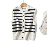 French Lazy Style Black And White Striped Knitted Vest In Autumn-Outfit