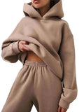 Women Fleece Sweatshirts Two Piece Set Elegant Solid Suits Hoodies Autumn Winter Oversized Pullover Sweatshirts