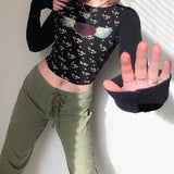 Vintage Fairy Grunge Crop Top Flare Sleeve Autumn Spring Female T-shirt Y2K Graphic Print Kawaii Tee Shirt Women