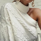 Shoulder Turtleneck Sweater Women Long Sleeve Twist Knitted Sexy Female Sweaters 2021 Spring White Vintage Pullover Top