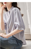 Summer New Five-Sleeve Casual Temperament Striped Shirt Women Short Sleeve Loose Thin Round Collar