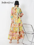 Fashion Spring Dress For Women Stand Collar Long Sleeve High Waist Print Colorblock Midi Dresses Female Clothes