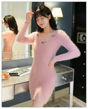 Mink Furry Sweater Women Autumn Winter Embroidery Elasticity Knit Bottoming Pullover Hippocampus Sexy Package Hip