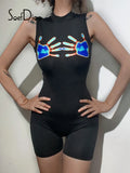 Printed Black Playsuits Women Y2K Clothes Summer 2023 Sexy Round Neck Sleeveless Zipper Bodycon Rompers Night Club