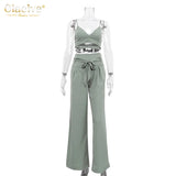Sexy Wide Trouser Suits Fashion Crop Top Palazzo Pants Two Piece Set Women Casual Bandage High Wasit Pants Set