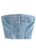 Women Sexy Tube Tops Sleeveless Buttons Up Bustiers Corsets Strapless Denim Off Shoulder Cropped Tank Mini Vest 2023-Outfit