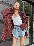 Street Style Red Plaid Shirts Women Irregular Long Sleeves Oversized Blouses Spring 2023 Loose Gingham Tops