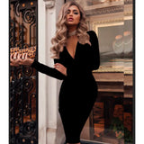 Women Long Dress Deep V Neck Long Sleeve Spring Elegant Party Print Slim Package Hip Office Vintage Bodycon Dresses