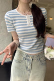 And Light High-Grade Blue Color Striped Short-Sleeved Shoulder T-Shirt Women's Summer Stretch Waist Short Style Foreign Style T-Shirt-Outfit