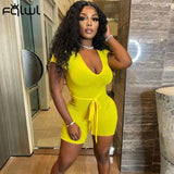 Summer Casual Yellow Rompers Womens Bodycon Jumpsuit Short Sleeve Belt Ribbed Rompers Playsuits One Piece Outfits