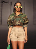 Fall Camouflage Green Jackets For Women 2022 Print Long Sleeve Loose Crop Tops Jackets Coats Casual Varsity Bomber