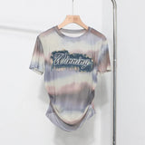 Real Shooting Embroidery With Straight Shoulder Short-Sleeved Mesh T-Shirt Fold Irregular Perspective Hood Top