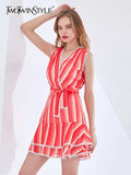 Striped Patchwork Pom Pom Mini Dress For Women V Neck Sleeveless Lace Up Bow Casual Dresses Female Fashion New