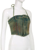 Women's Denim Tank Tops Tie-dye Retro Strapless Lace-up Slim Zipper Off Waist Short Camis 2024 Summernew Fashion 29L3415-Outfit