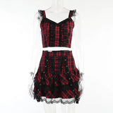 Dark Plaid Sling Lace Tie Pleated Skirt 2023 Spring Personality Suit-Outfit