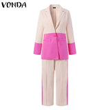 Women Suit Blazers VONDA Ladies Casual Lapel Coats Color Patchwork Autumn Office Formal Long Sleeve Thin Pant Sets no