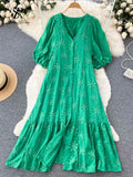 Embroidary Solid Women Chic Dress V Neck Gentle Single Breasted Retro Vacation 2022 Ladies A Line Beach Long
