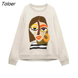 Women Fashion Front Character Print Loose Fleece Sweatshirts Female Long Sleeve Retro Hoodies Chic Pullovers Tops
