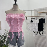 Real Shooting Pure Wind Lotus Leaf Side With A Word Shoulder Bra Small Vest Short Three-Dimensional Flowers Sleeveless Top