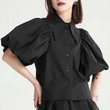 Women White Shaped Elegant Blouse New Lapel Half Lantern Sleeve Loose Fit Shirt Fashion Tide Spring Summer 2023