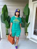 Streetwear 2 Two Piece Sets Women Outfits Short Sleeve Print O Neck Top Pockets Drawstring Shorts Brown Matching Sets