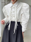 White Patchwork Tassels Shirt For Women Lapel Long Sleeve Solid Minimalist Button Through Blouse Female Clothes