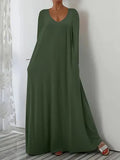 New Long Dress Casual Loose Short Sleeve Pure Color V Collar Body Size