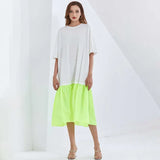 Casual Two Tone Dress For Women Round Neck Short Sleeve Loose Long Dresses Female Fashion New Clothing 2022
