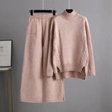 Winter Knitted Two Pieces Suits Turtleneck Loose Knit Top+ Wide Led Long Pants Women Thick Casual Sweater