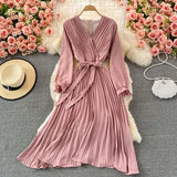 VAREY LIN New Spring Autumn Women Casual Solid Slim Dress Elegant A Line V Neck Puff Sleeve Chiffon Pullover Mid-Calf