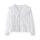 New Spring Doll Tie Casual Loose Solid Color Shirt-Outfit