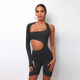 Casual Sports Hollow Out Skinny Fitness Shorts Jumpsuit Women Fashion Asymmetry Long Sleeve Workout Slim Soft Jumpsuit-Outfit