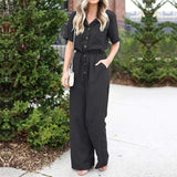 Elegant Rompers Women Jumpsuits Summer Wide Leg Overalls Drawstring Elastic Waist Short Sleeve Solid Dungarees