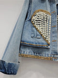 Women's Denim Coat Heart Beading Pearls Gold Rivets Loose Light Blue Long Sleeve Jackets 2024 Summer New Fashion 29L2503-Outfit