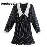 Women Chic Dot Printed Mini Dresses Casual V Neck Batwing Long Sleeve Ruffled Dresses Female Fashion A Line