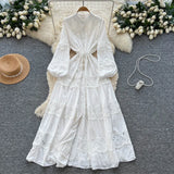 High-End Retro Lace Splicing Pearl Single Buckle Thin Temperament Collar Lantern Sleeve