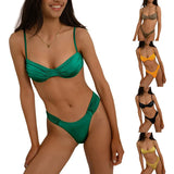 Women Swim Bikini Suit, Solid Color Pleated Sleeveless Bra+ Shorts Briefs Swimwear Swimsuit-Outfit