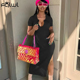 Streetwear Fashion Short Sleeve Dresses For Women 2022 V Neck Long Bodycon Dress Women Blue Maxi Side Split Party