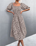 Sweet Square Collar Puff Sleeves Leopard Print Fit and Flare Holiday